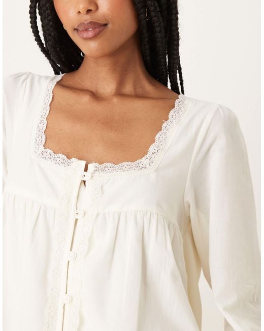 ASOS Natural Cotton Lace Trim Long Sleeve Babydoll Mini Dress