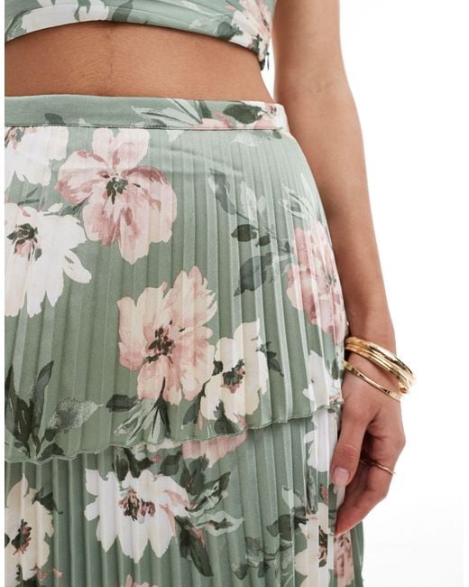 Abercrombie & Fitch Green Tiered Floral Print Satin Maxi Skirt