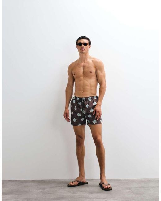 South Beach Brown Flower Motif Swim Shorts for men