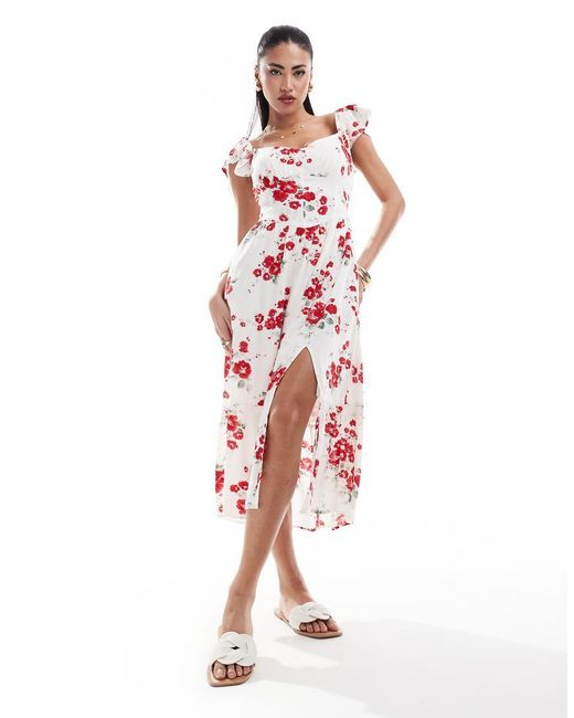 Hollister Red Floral Print Flutter Sleve V-waist Midi Dress