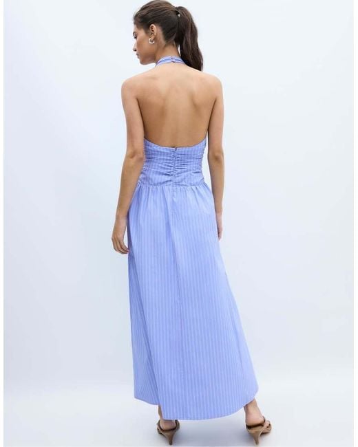 Stradivarius Blue Halter Poplin Midi Dress