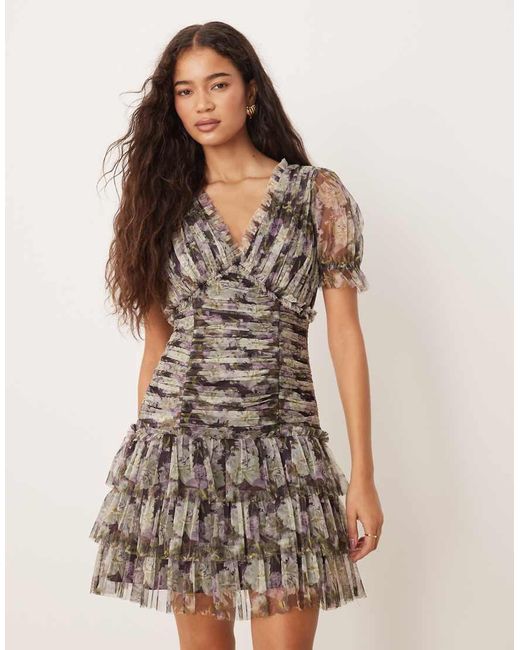 ANAYA Natural Floral Print Short Sleeve Gathered Mini Dress