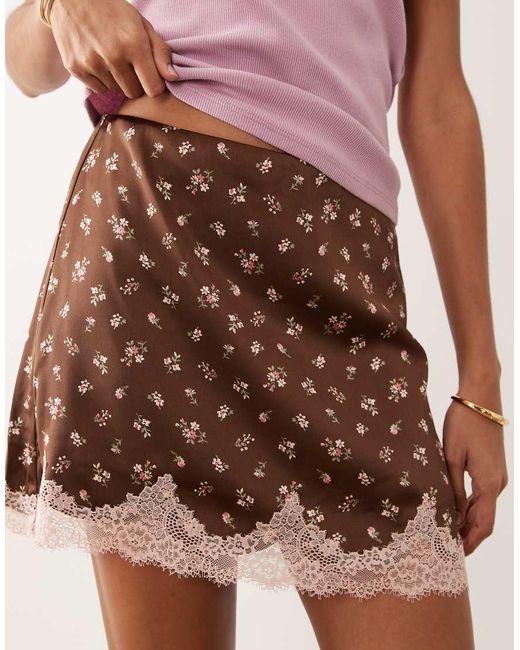 Abercrombie & Fitch Brown Lace Hem Satin Mini Skort