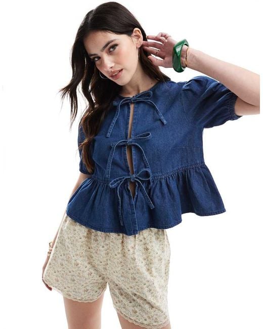 New Look Blue Denim Tie Front Top