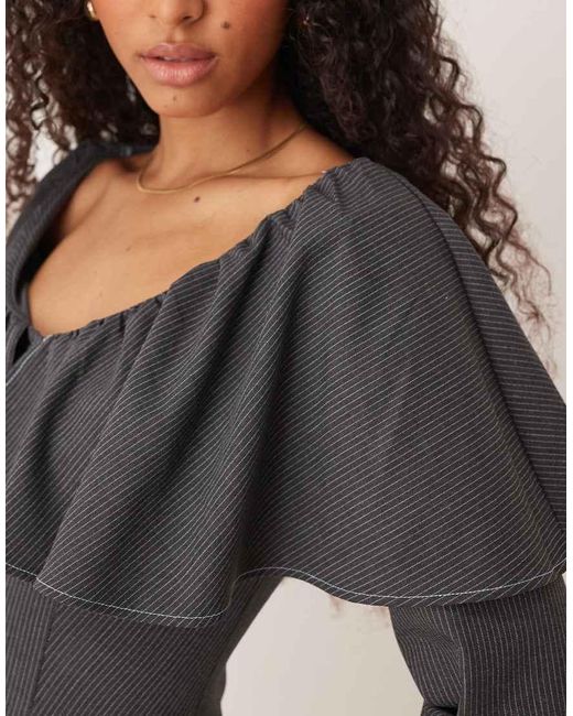 ASOS Gray Poplin Button Down Mini Dress With Ruffle Neckline