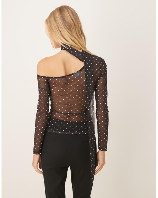 ASOS Black Polka Dot Mesh Long Sleeve Asymmetric Top With Scarf Detail