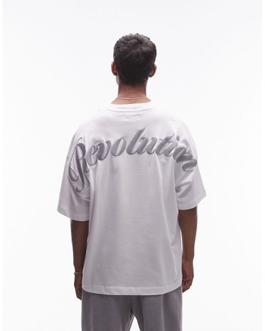 T-shirt oversize pesante bianca con ricamo "revolution" sul davanti e sul retro di Topman in Gray da Uomo