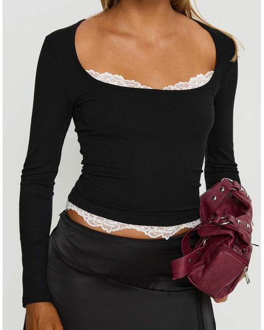 Princess Polly Black Falling Through Contrast Lace Underlay Detail Scoop Neck Long Sleeve Top