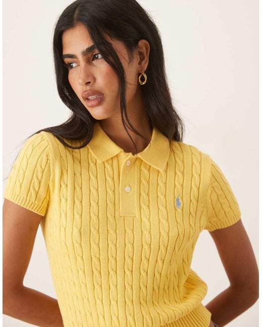 Polo Ralph Lauren Yellow Cropped Short Sleeve Cable Knit Jumper