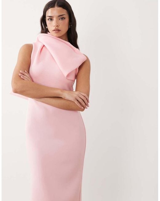 ASOS Pink High Neck Fallen Bow Detail Midi Dress