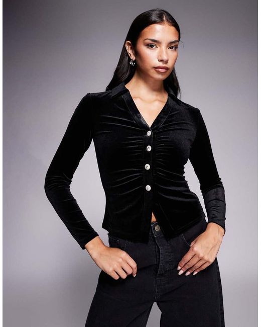 New Look Black Velvet Diamante Button Shirt