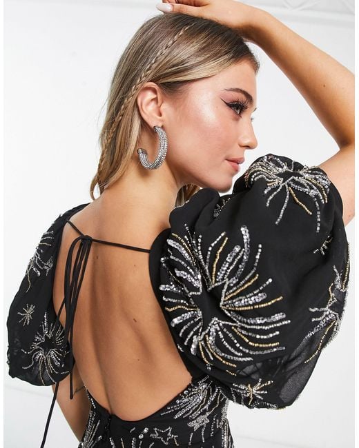 Miss Selfridge Black Premium Embellished Star Puff Sleeve Mini Dress With Tie Back Detail