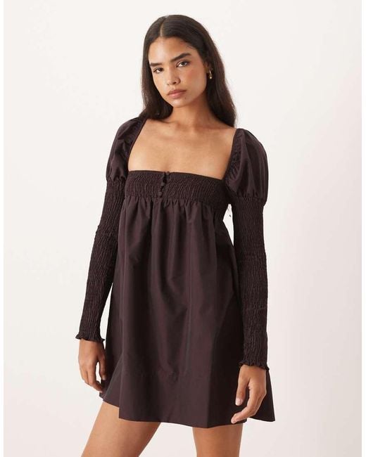 ASOS Black Shirred Bust Long Sleeve Button Front Mini Dress