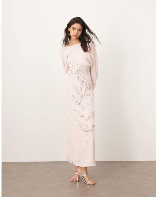ARRANGE Natural Floral Embellished Slouchy Plunge Wrap Maxi Dress
