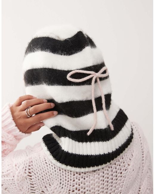 Collusion Black Fluffy Knit Striped Balaclava With Bow Detail