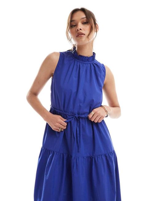 French Connection Blue High Neck Tiered Poplin Midaxi Dress