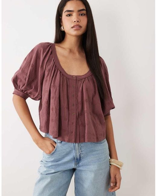ASOS Pink Button Through Blouson Sleeve Broderie Top