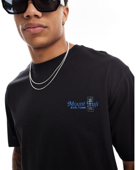 T-shirt oversize scuro con stampa fuji sul retro di Only & Sons in Blue da Uomo