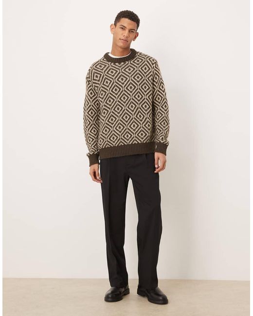 SELECTED Brown Wool Blend Knitted Jumper With Geo Print for men
