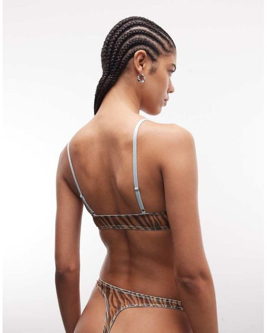 ASOS Brown Kenny Tiger Print Sheer Mesh Crop Bra With Contrast Trim