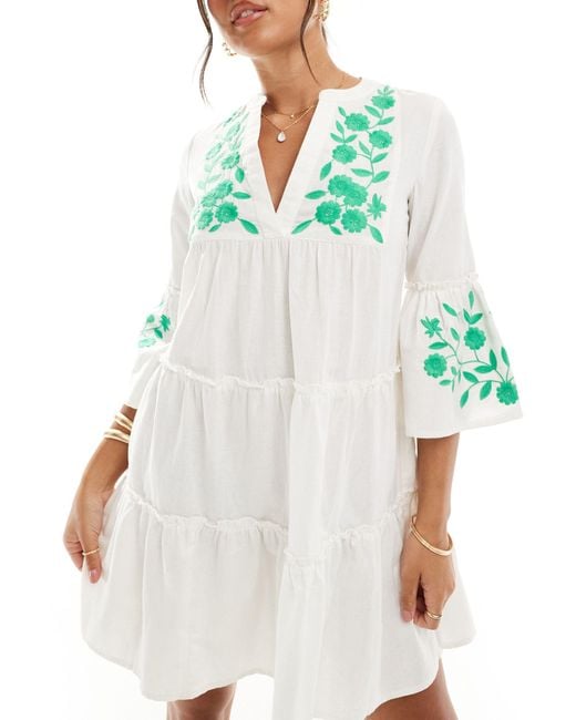 Accessorize White Accossorize Broderie Long Sleeve Tiered Beach Cover Up Mini Dress