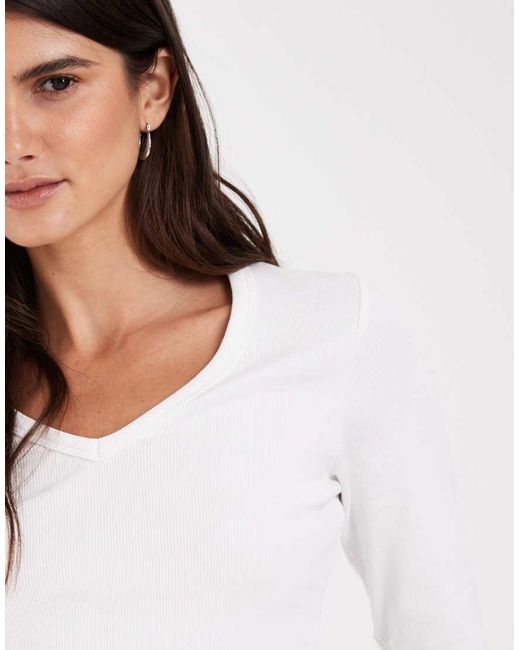 JJXX White Long Sleeve V-neck Ribbed Top