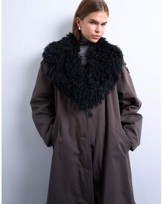 TOPSHOP Brown Faux Fur Collar Belted Mac
