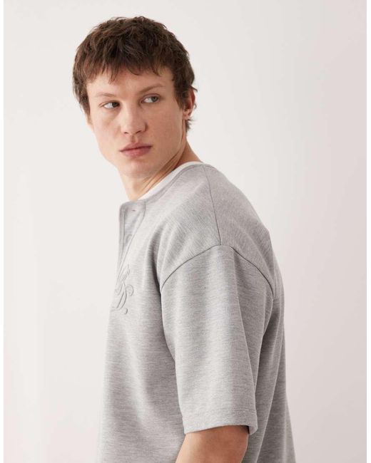 ASOS Gray Heavyweight Oversized Henley T-shirt With Chest Embroidery for men