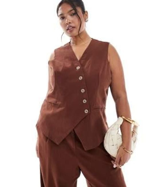 Vero Moda Brown Linen Touch Asymmetric Button Front Waistcoat Co-ord