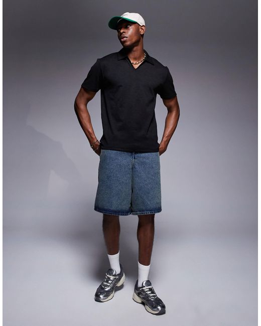 ASOS Black Boxy Polo With Deep Neckline for men