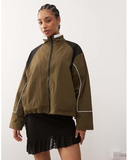 Lioness Brown Shoreline Contrast Piping Collar Detail Oversized Windbreaker Jacket