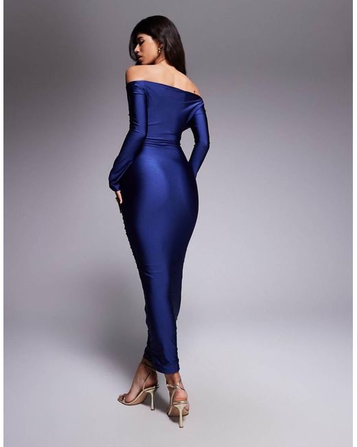 Ruched & Ready Blue You Wish Sculpted High Shine Off Shoulder Sweetheart Neck Maxi Dress