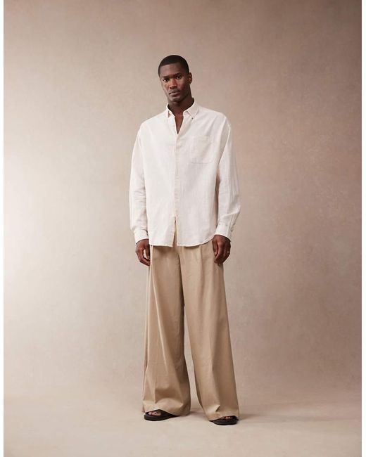 ASOS Nette Broek Van Linnenmix Met Wijde Pijpen En Plooien Aan De Voorkant in het Natural voor heren