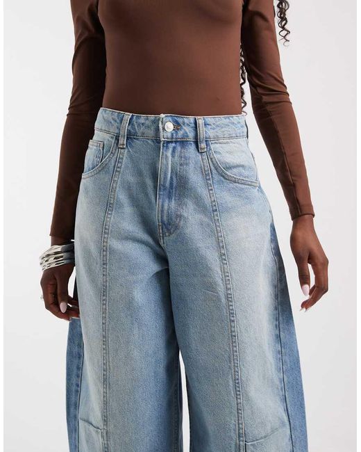 ASOS Knee Pleat Roll Up Hem Barrel Jeans-blue