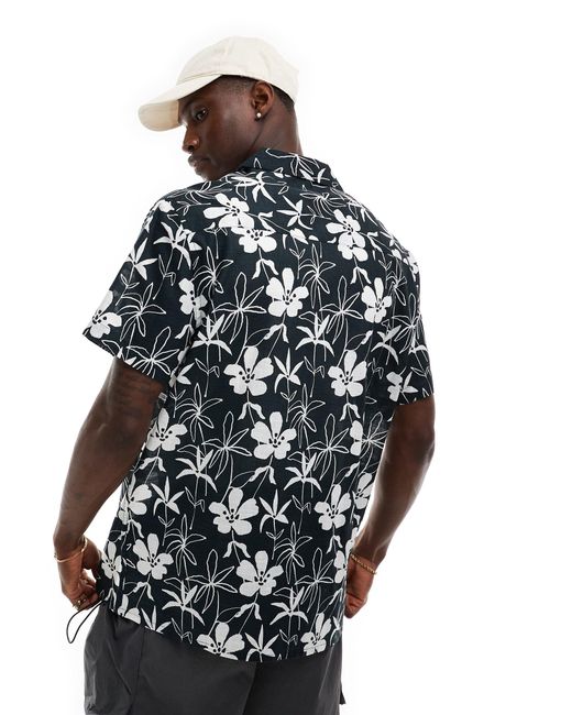 ASOS Black Relaxed Revere Linen Look Shirt With Floral Print for men