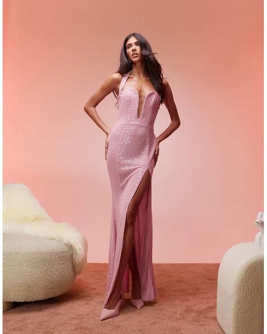 Oh Polly Pink Sansel Embellished Halterneck Maxi Dress