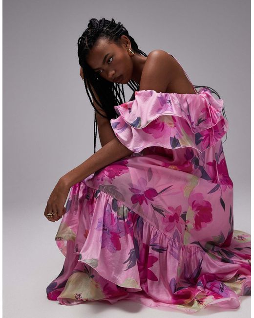 & Other Stories Purple – schulterfreies midaxi-kleid mit rüschen und blumenmuster