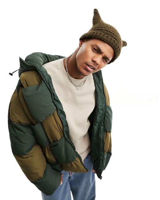 Collusion Green Checkered Quilted Puffer Jacket for men