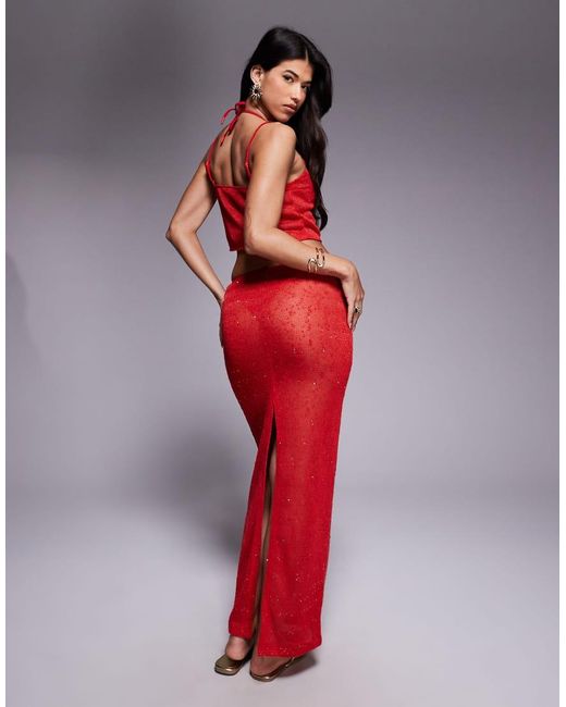 South Beach Red Knitted Sequin Maxi Skirt