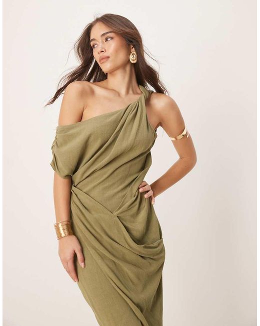 ASOS Natural Linen Mix Fallen Twist Shoulder Wrap Skirt Detail Midi Dress