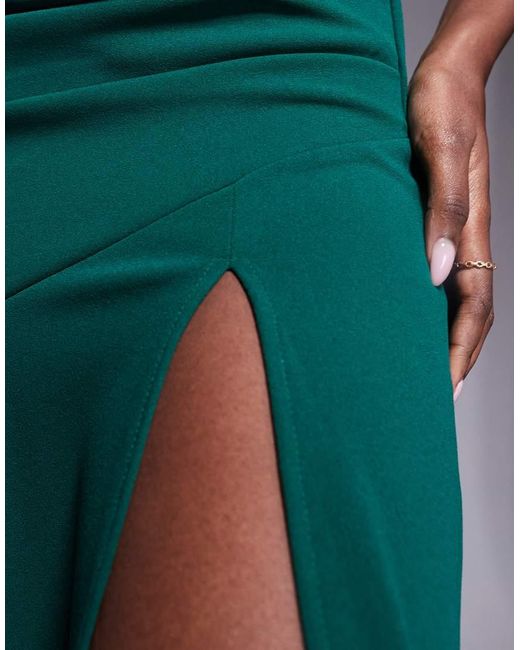 Goddiva Green Scuba Crepe Off Shoulder Front Split Maxi Dress