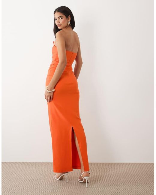 Vesper Orange Bengaline Square Edge Ruched Front Maxi Dress
