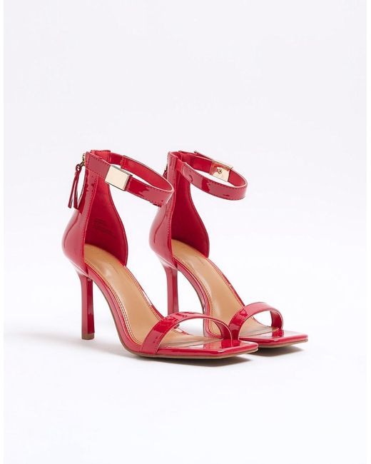 River Island Patent Clasp Strap Heeled Sandals in Red | Lyst UK