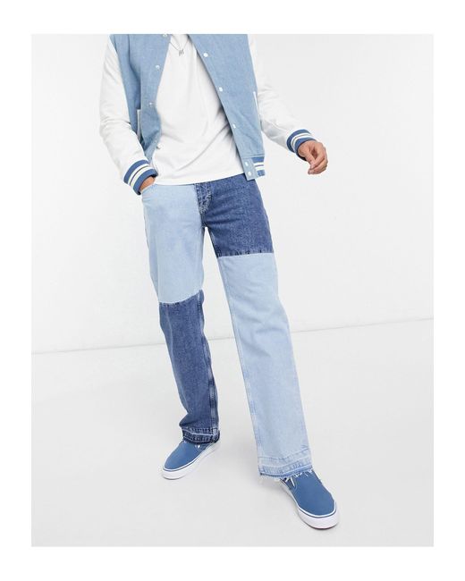 Bershka Blue 90's Fit Patchwork Jeans for men