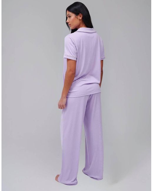 Loungeable Purple Super Soft Jersey Rib Traditional Short Sleeve Long Pant Set