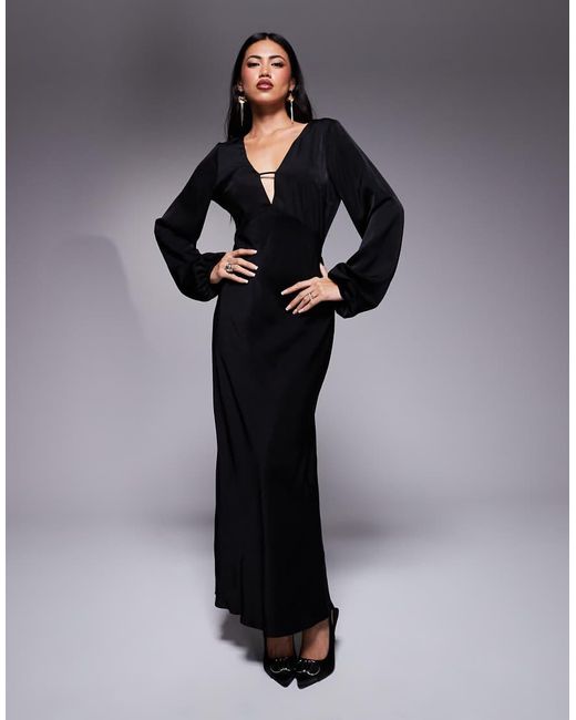 ASOS Black V Neck Satin Blouson Sleeve Midaxi Dress