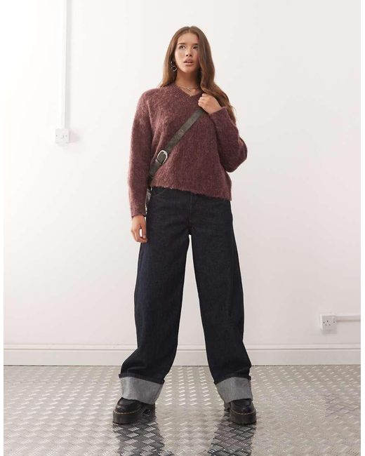 Reclaimed Vintage Red High V-Neck Fluffy Knitted Jumper