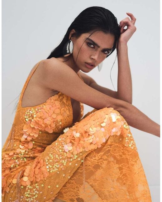 ASOS Orange Sheer Lace Cami Maxi Dress With Placement Embellishment
