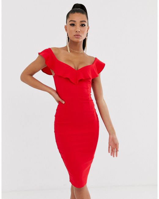 Vesper – Eng anliegendes Kleid mit Sweetheart-Kragen und Rüschen in Rot |  Lyst AT