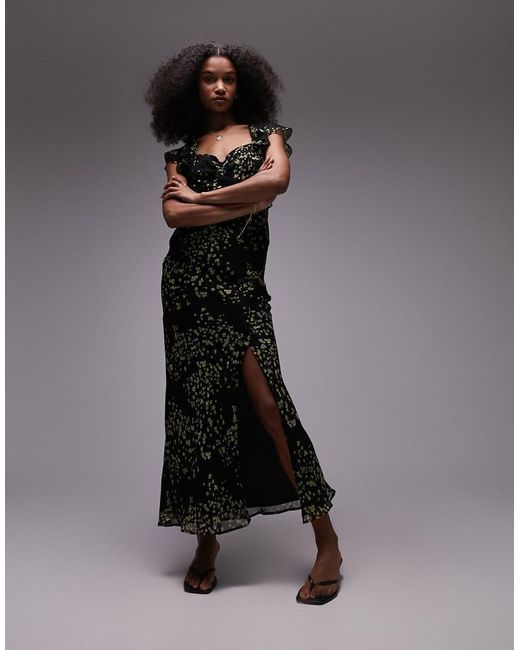 TOPSHOP Black Ruffle Sleeve Maxi Slit Front Occasion Dress